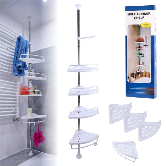 Organizator baie, raft de baie de tip "coltar" cu brat telescopic, cu 4 etajere si suport pentru prosop