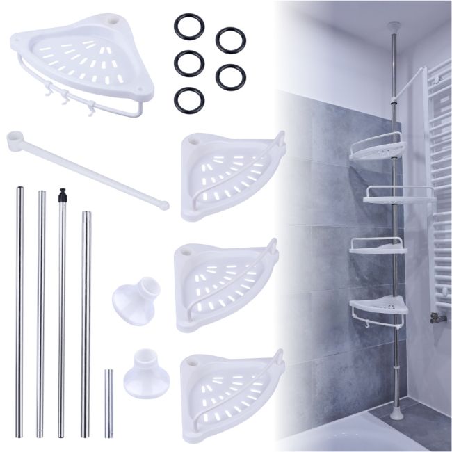 Organizator baie, raft de baie de tip "coltar" cu brat telescopic, cu 4 etajere si suport pentru prosop