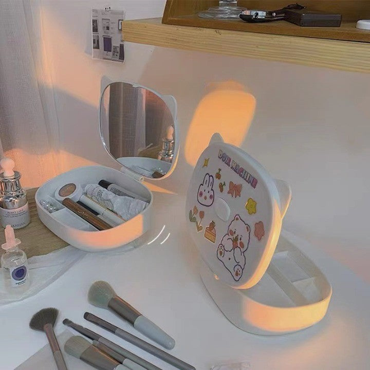 Cutie cu Oglinda, Model Pisica, 4 Compartimente, Cutie de Depozitare a Machiajelor si Accesoriilor, Oglinda de Machiaj, 17x13x6cm, Alb