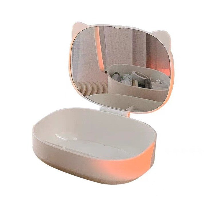 Cutie cu Oglinda, Model Pisica, 4 Compartimente, Cutie de Depozitare a Machiajelor si Accesoriilor, Oglinda de Machiaj, 17x13x6cm, Alb