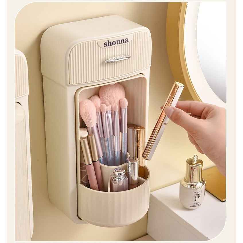 Organizator Baie, 4 Compartimente si 1 Sertar, Rotire 360 Grade, din PP+PET, 27.5 x 16 x 11 cm, Crem