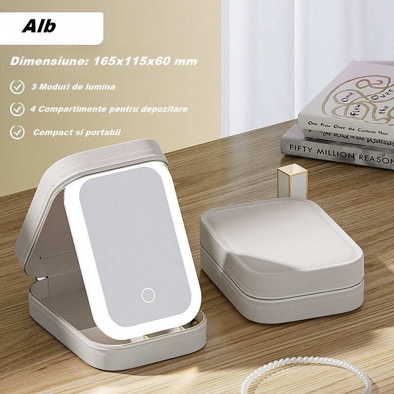 Portfard, Geanta Cosmetice, cu Oglinda LED, 3 Moduri de Lumina, Incarcare USB, Baterie 1200 mAh, pentru Organizarea Cosmeticelor, 4 Compartimente, Imitatie Piele, Alb, 16.5x11.5x6 cm