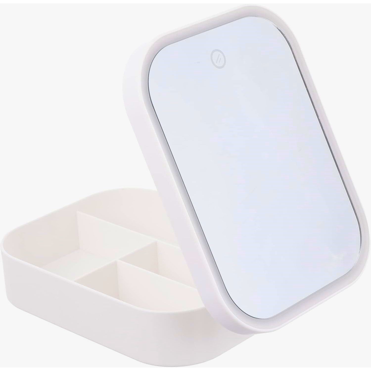 Portfard, Geanta Cosmetice, cu Oglinda LED, 3 Moduri de Lumina, Incarcare USB, Baterie 1200 mAh, pentru Organizarea Cosmeticelor, 4 Compartimente, Imitatie Piele, Alb, 16.5x11.5x6 cm