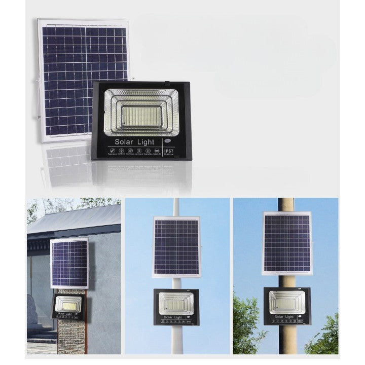 Proiector LED/Lampa solara de exterior, 22 cm x 27 cm, Rezistent la Apa IP67, cu Panou Solar, 220LED SMD, 100W, Senzor de lumina, Timer, cu Telecomanda, 2 moduri de iluminat, kit montaj inclus, Lumina Rece