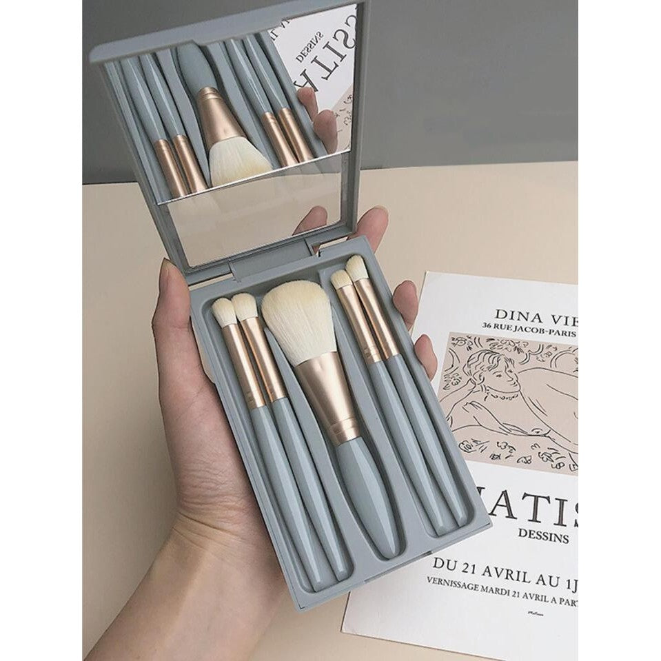 Set 5 Pensule de Machiaj cu Peri Moi, cu Suport pentru Depozitare si Oglinda, Albastru