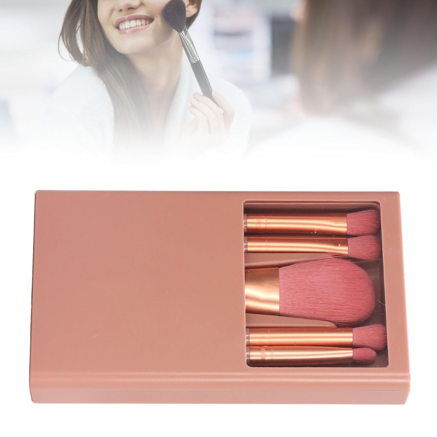 Set 5 Pensule de Machiaj cu Peri Moi, cu Suport pentru Depozitare si Oglinda, Roz Inchis