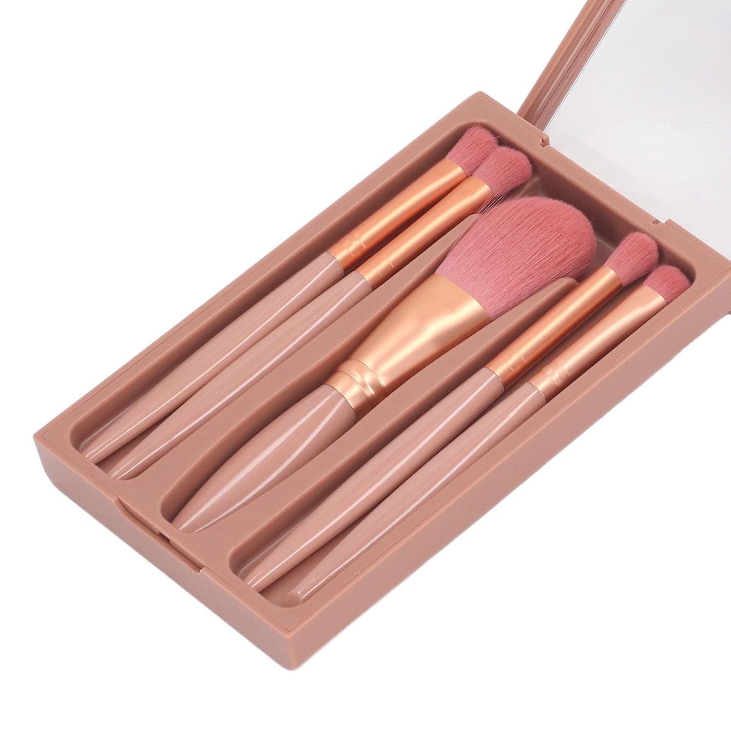 Set 5 Pensule de Machiaj cu Peri Moi, cu Suport pentru Depozitare si Oglinda, Roz Inchis