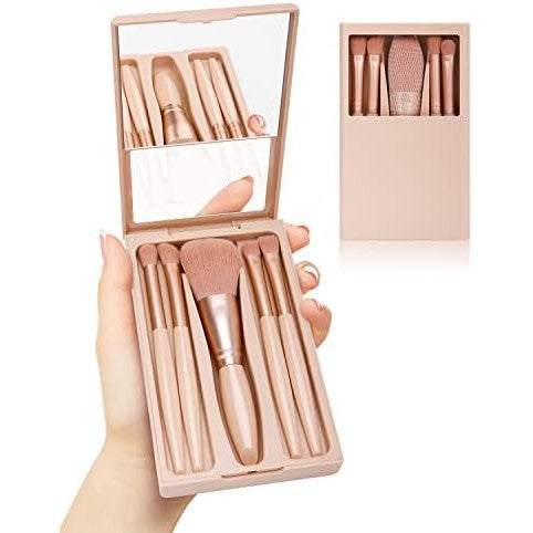 Set 5 Pensule de Machiaj cu Peri Moi, cu Suport pentru Depozitare si Oglinda, Roz Pal