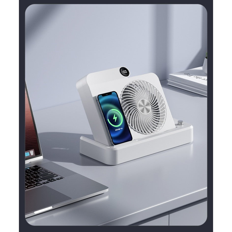 Ventilator 2in1, Functie Incarcare Telefon Wireless, 100 Trepte de Viteza, 2400 mAh, 5V, 2A, 25 x 16.5 x 24 cm, Alb